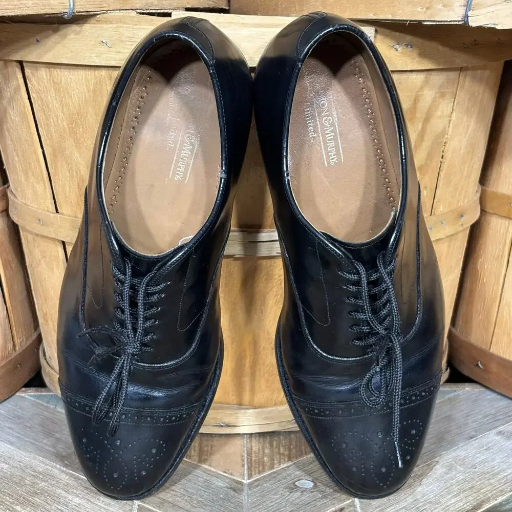 Johnston & Murphy Limited Black Leather Brogue Cap-Toe Dress Shoes Men 8.5 EEE
